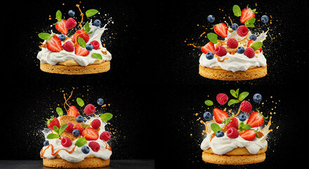 Dessert cakes topped with fresh berries and cream on black background  