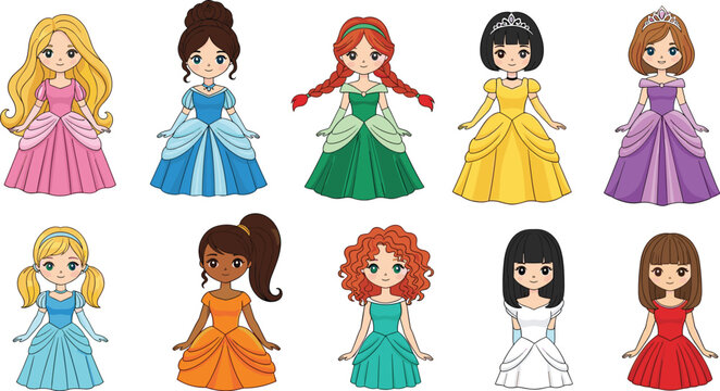 Cartoon princesses wear colorful gowns and jewels. Fairytale fantasy, character design, costumes, formal wear, beauty