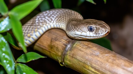A detailed close-up of a snake coiled gracefully on a bamboo branch, amidst lush green foliage. The snake's scales shimmer in the light, highlighting its patterns