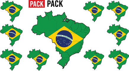 Brazil flag displayed on map outlines, a sticker pack. South America, country, nation, patriotic