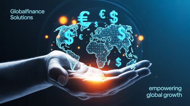Global finance currency symbols earth hand technology