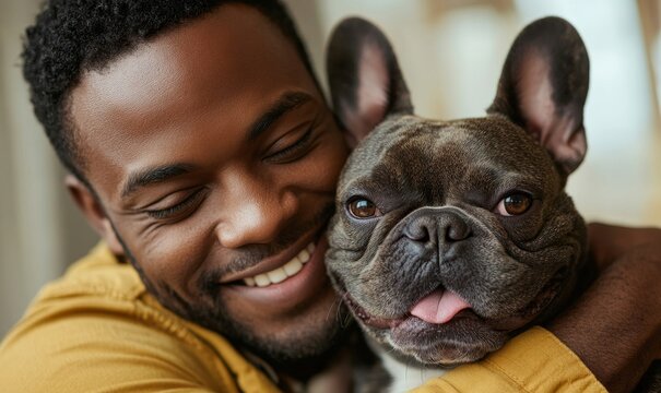 Happy Black man cuddling a French bulldog in the office. Candid African American male hugging his office dog. Bring Your Pet to Work Day. Positive workplace culture, Generative AI
