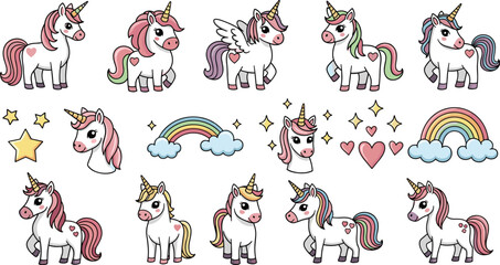Fototapeta premium Cute cartoon unicorns and rainbows set on white. Fantasy creatures, magical, dreamy, colorful illustration.