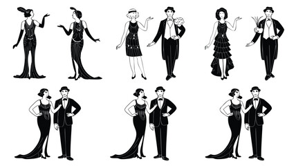 Art Deco Style Couples in Flapper Dresses and Tuxedos Illustration on White