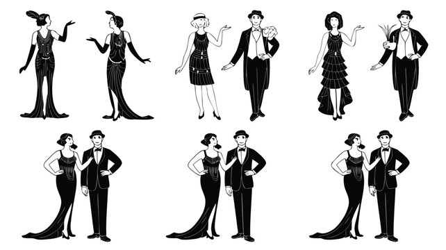 Art Deco Style Couples in Flapper Dresses and Tuxedos Illustration on White