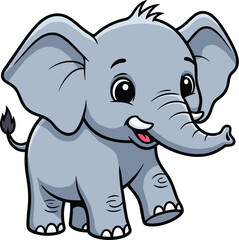 Fototapeta premium Cartoon elephant stands cheerfully on white background. Cute animal, drawing, illustration, baby, whimsical.