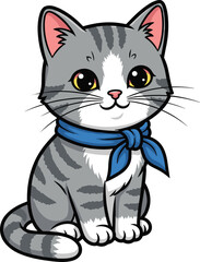 Cartoon cat sits wearing a blue scarf. Cute kitten, gray tabby, pet portrait, kawaii animal