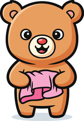 Cartoon bear holds pink towel in both paws. Cute animal character, adorable mascot, hygiene, cleanliness, happy bear