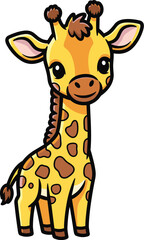 Cute giraffe stands looking forward happily. Cartoon animal, illustration, wildlife, cheerful, adorable character