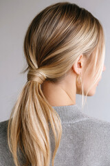 Close-up of a woman's blonde ponytail with a wrapped hair tie, captured from behind against a neutral background, showcasing sleek hair texture and subtle elegance.