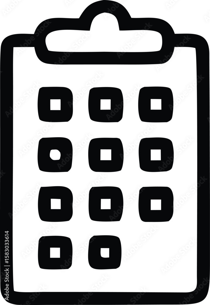 Poster a simple black and white hand drawn icon representing a clipboard with a grid of twelve squares each