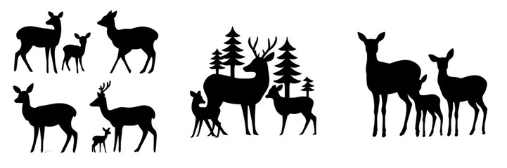 A deer family in a forest is depicted in a simple black silhouette with a modern aesthetic isolated on a white background