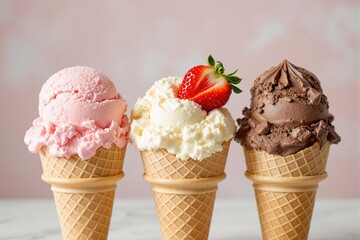 Three ice cream cones with pink, vanilla with strawberry, and chocolate scoops, a delicious summer dessert.