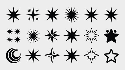 Black Starburst Shapes Collection Flat Design Star Illustrations and Crescent Moon Icon Set