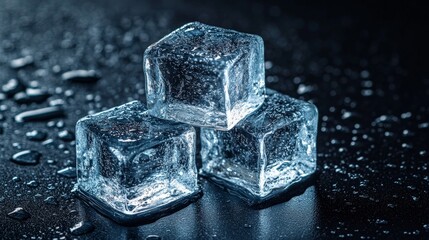 Three melting ice cubes resting on wet dark surface