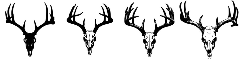 This image shows a buck skull in black silhouette, complete with large antlers, representing the great outdoors, hunting culture, and a rugged way of life, all through a modern clipart design