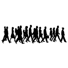 The silhouette of a large group of people, including both men and women, is shown walking in a modern illustration on white