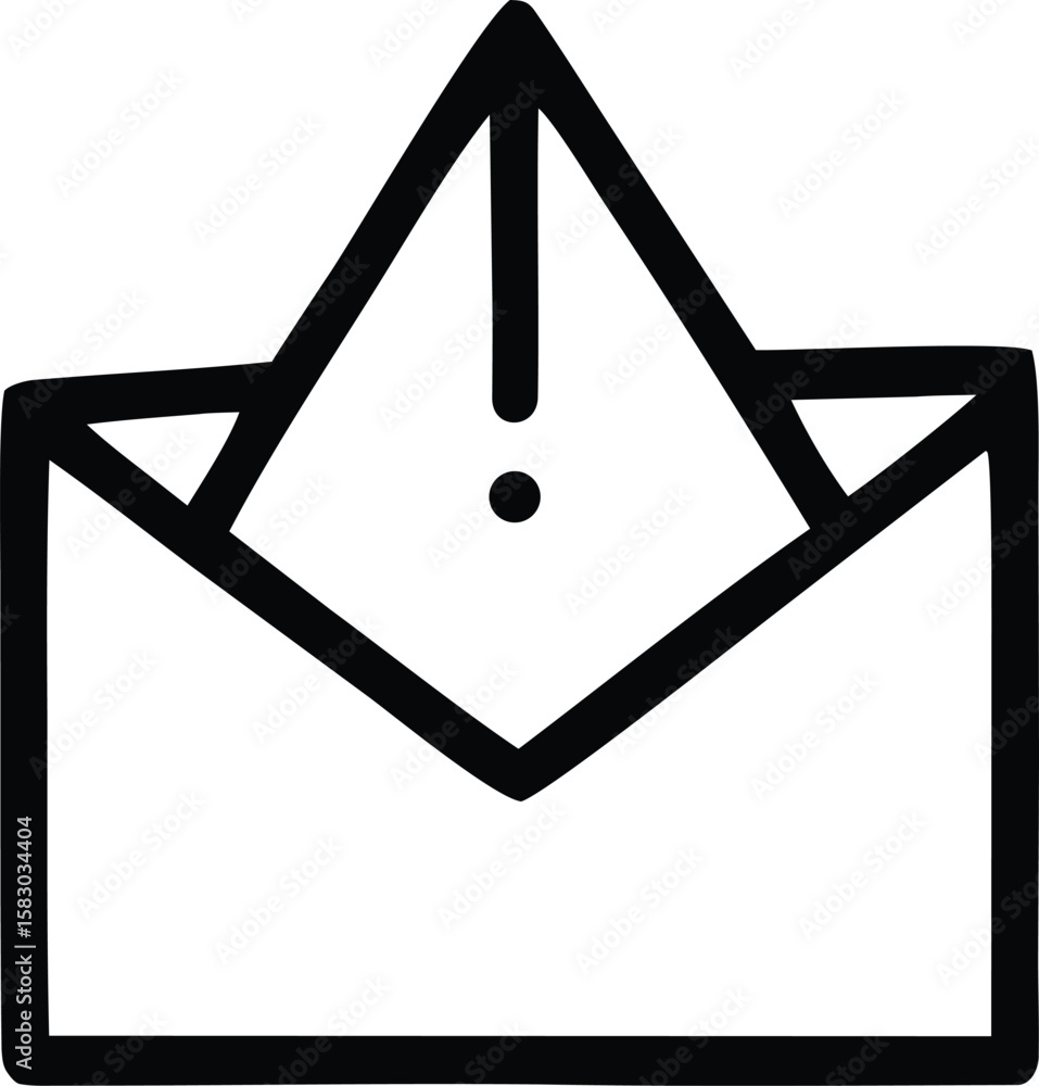 Poster simple black outline drawing of an open envelope with an exclamation mark and a dot inside represent