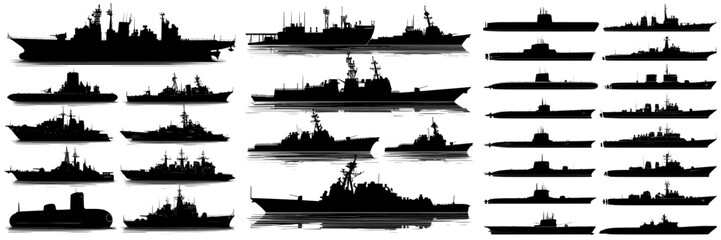 Fototapeta premium This image depicts various naval ship silhouettes, including submarines and warships, in black against a white background, as a modern clipart illustration design
