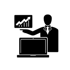 A male professional is illustrated pointing to a growing graph on a screen next to a laptop, signifying data analysis, presentation, development, planning, knowledge, collaboration, and management,