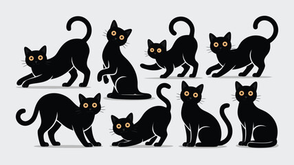 Collection of Eight Cartoon Black Cats in Various Poses with Yellow Eyes on Light Grey