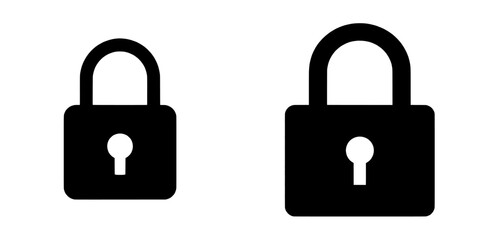 This image depicts a black silhouette of a closed padlock, symbolizing security, protection, and privacy, in a modern clipart illustration design, referred to as Lock silhouette