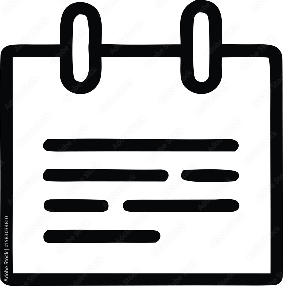 Poster simple black and white hand drawn icon representing a calendar page with lines of text for notes or 