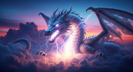 Blue Dragon Unleashing Lightning in a Cloudy Sky at Sunset
