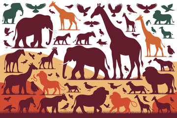 Fototapeta premium Colorful Silhouette Animals Elephants, Giraffes, Lions, Horses, and Birds in a Vibrant Layered Landscape