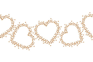 Gold glitter border in the shape of hearts seamless pattern watercolor illustration. Frame of confetti in the shape of a heart. Festive ornament of shining glitter