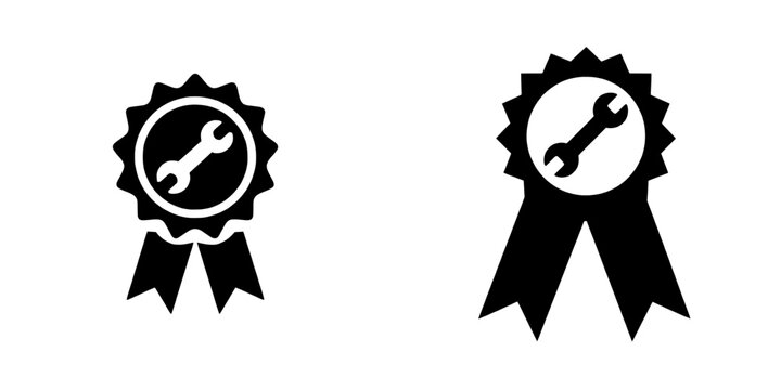 The image of a blue award ribbon featuring two tails and a wrench below it embodies the concepts of recognition, achievement, and skill, ideal for representing certification, training, and quality,