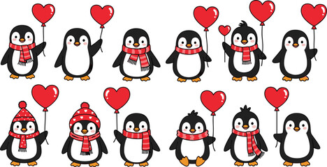 Group of penguins wearing scarves and holding heart balloons. Cute animals, love theme, winter, valentine, celebration, cartoon.
