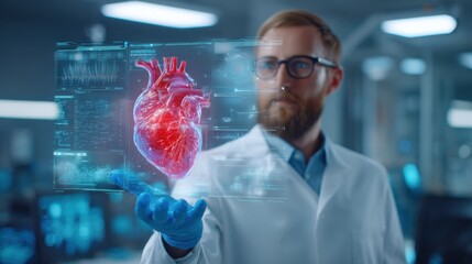 A scientist wearing glasses and gloves, examining a virtual projection of a human heart in a lab setting