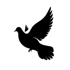 Obraz premium This image depicts a dove in flight, represented as a black silhouette, embodying peace and freedom through its outstretched wings and sleek form, characteristic of modern clipart illustration design