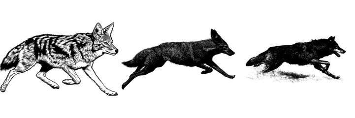 The image depicts a coyote running with a dynamic posture, its detailed fur visible in a modern clipart illustration design presented as a black silhouette