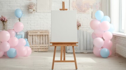 Empty canvas on an easel surrounded by decorations, waiting for creation. A blank space invites the imagination