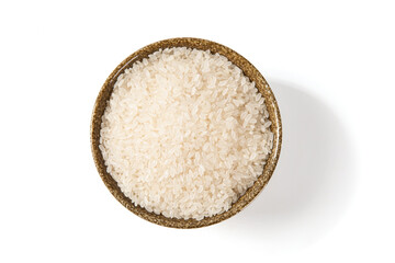 a bowl of raw rice isolated on white background 