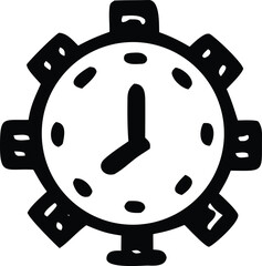Simple hand drawn black and white clock with gear like outer edge and roman numerals indicating time