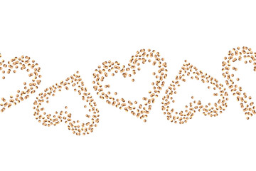 Gold glitter border in the shape of hearts seamless pattern watercolor illustration. Frame of confetti in the shape of a heart. Festive ornament of shining glitter