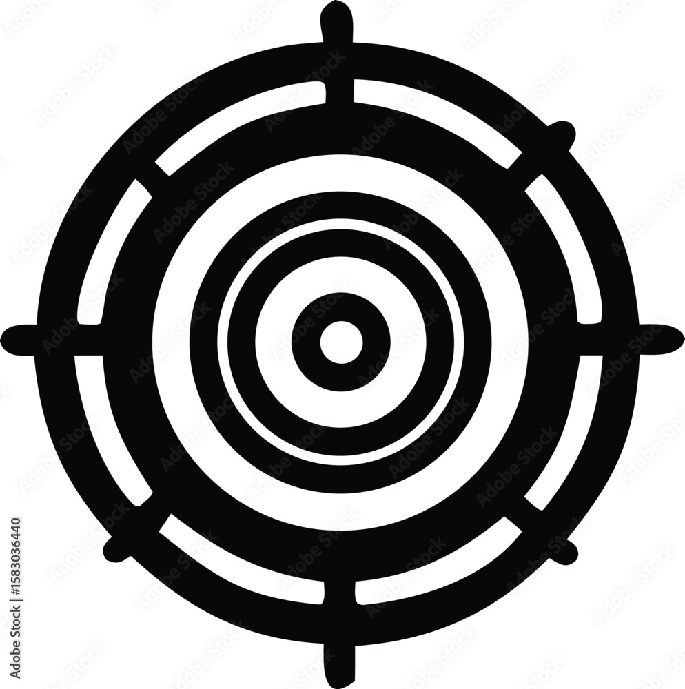 Poster a stylized black and white target symbol with concentric circles and four radial lines extending out