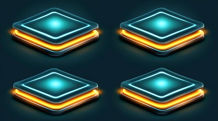 Four glowing, layered square icons on a dark background