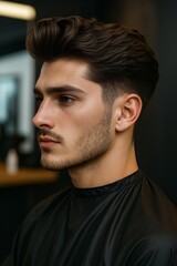 Obraz premium Stylish man sporting clean taper fade haircut with sharp edges