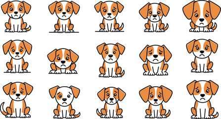 Cartoon dogs display sad expressions. Emotional distress, pet sadness, puppy illustration, animal depression