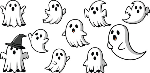 Ghosts float with variety of poses on blue background. Halloween, spooky, cartoon, holiday, celebration