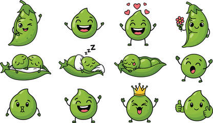 Obraz premium Cartoon pea characters express various emotions and actions. Cute vegetable icons, fun illustration, healthy food, cheerful.