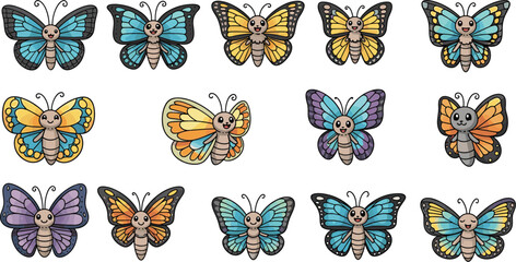 Collection of cute cartoon butterflies smiling. Vector design, whimsical art, colorful insects, happy creatures