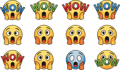 Emojis express shock and surprise in varied colors. Emotional icons, surprise, awe, cartoon, digital art