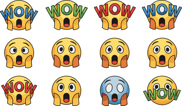 Emojis express shock and surprise in varied colors. Emotional icons, surprise, awe, cartoon, digital art