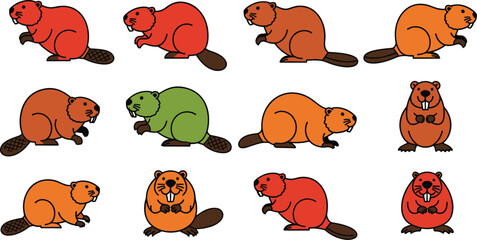 Cartoon beavers in various colors are displayed on a blue background. Wildlife illustration, animal representation, cartoon art, nature design