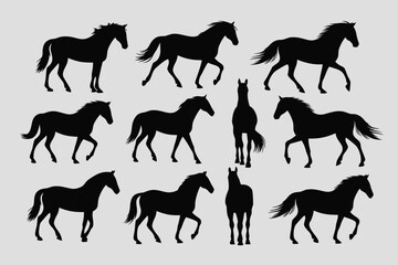 Obraz premium Nine Black Horse Silhouettes Diverse Poses, Walking, Standing, Front and Side Views, Elegant Equine Illustration